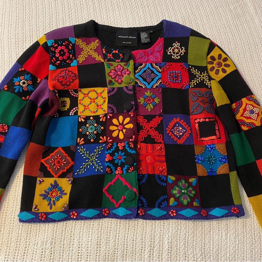 MICHAEL SIMON patchwork embroidered beaded cardigan sweater Small Colorful